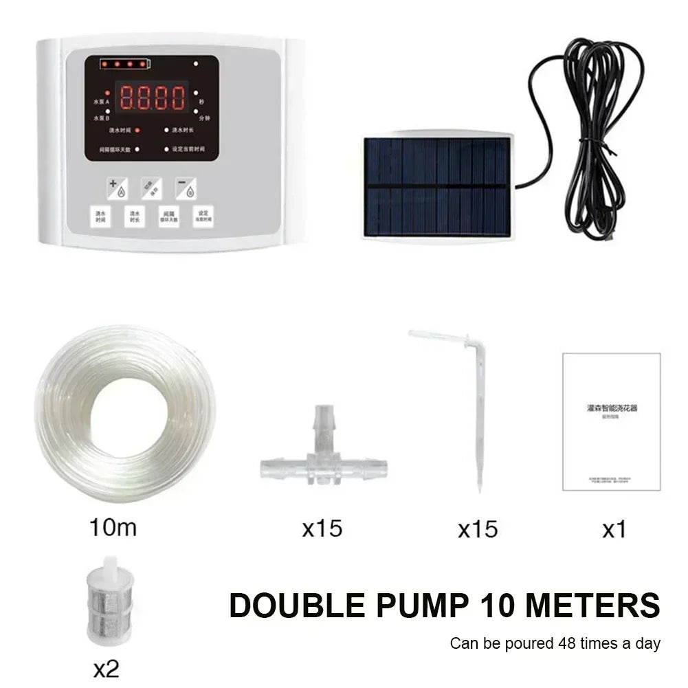 Solar Auto Drip Irrigation Kit Dual Water Pump Smart Watering Controller Outdoor Automatic Irrigation System for Yard Balcony Potted Plants & Home Flower Cultivation