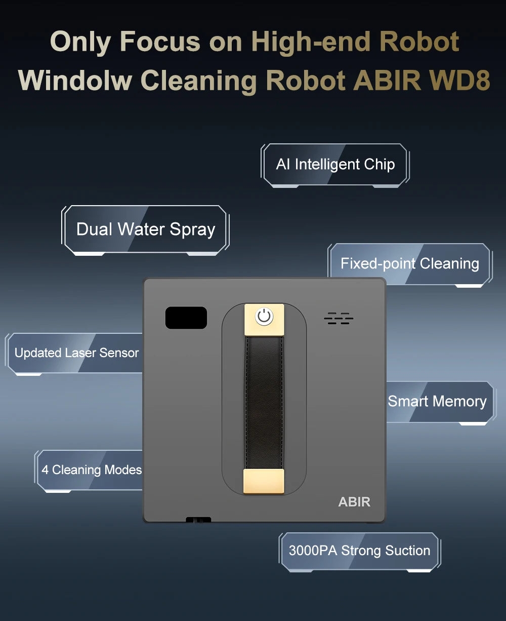 Tidesmit ABIR WD8 window cleaning robot showing dual water spray nozzles, laser sensor, and high vacuum suction tech.