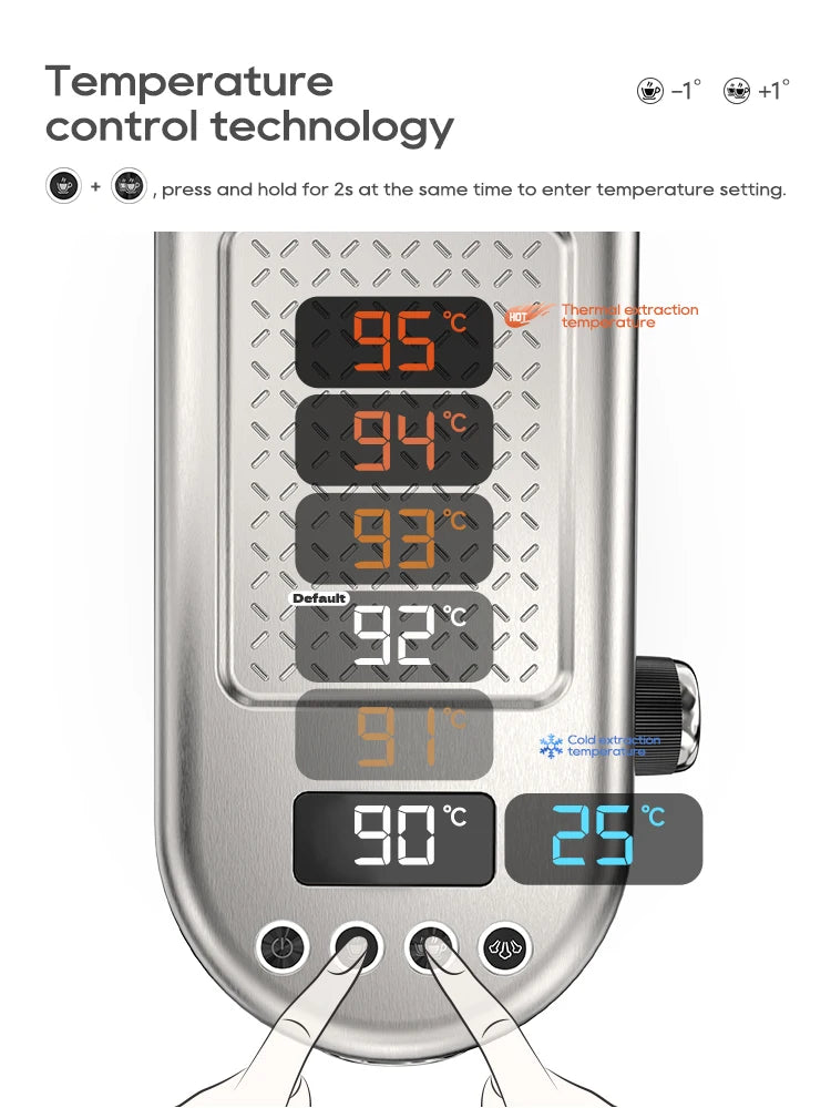 Digital temperature control display on a stainless steel coffee maker showing thermal and cold extraction settings.
