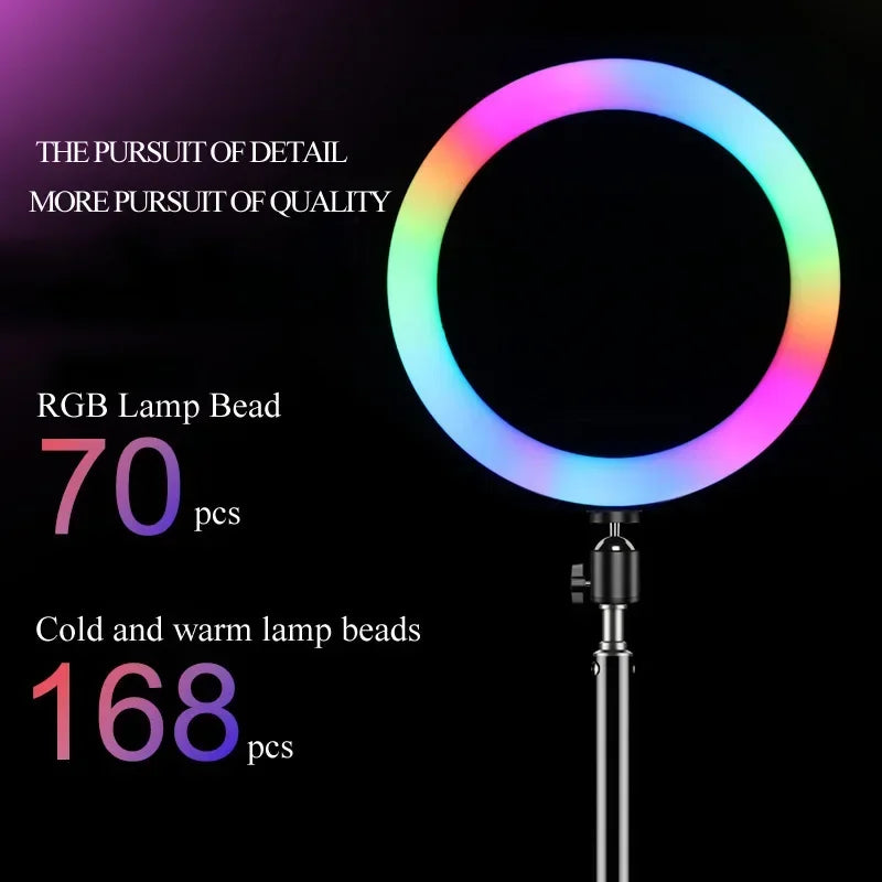 Circular RGB LED ring light on an adjustable stand for photography and video lighting.