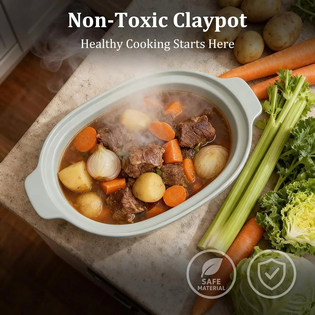 Claypot slow cooker stoneware pot filled with beef, carrots, and onions