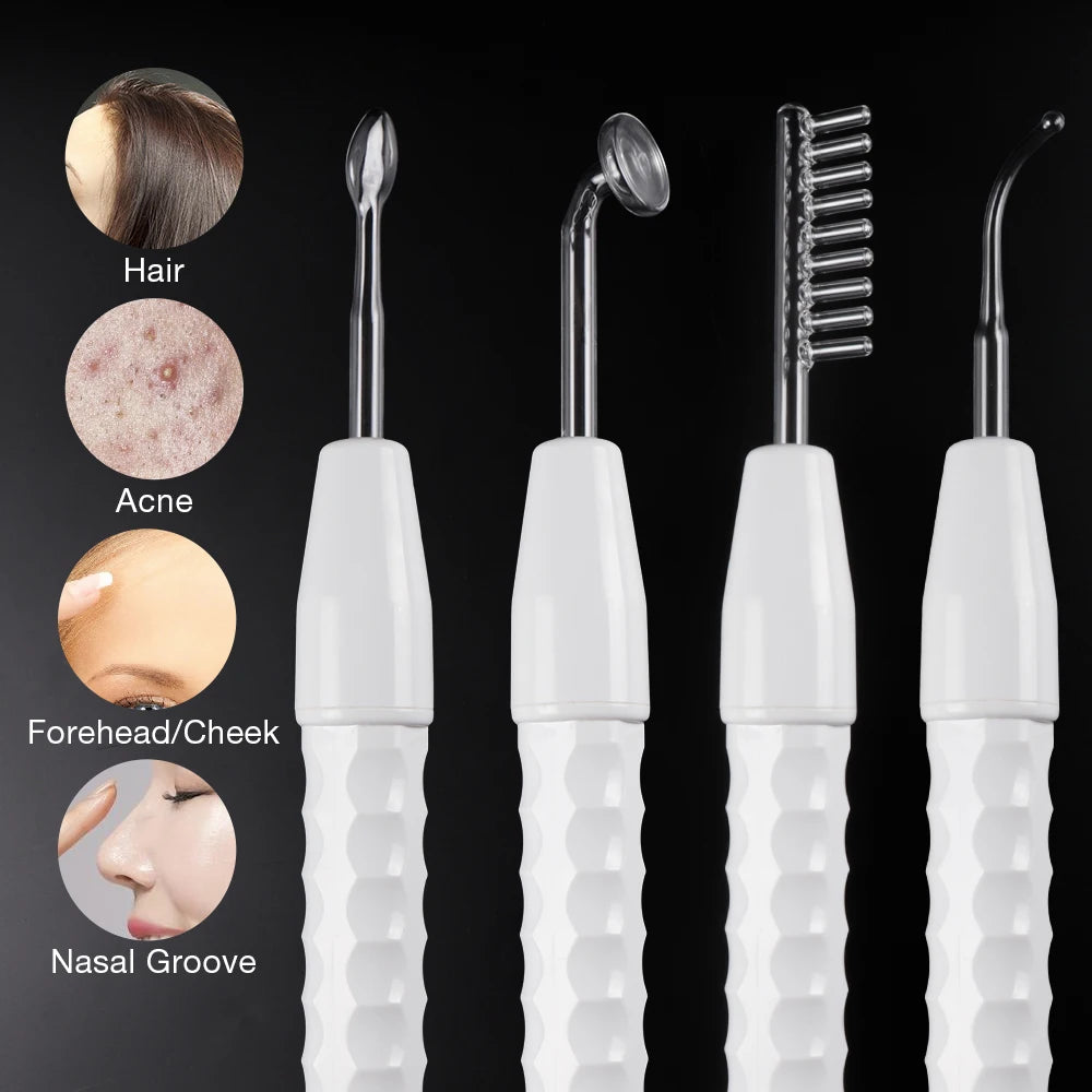 Four high-frequency facial wands with white handles and various glass electrode attachments for skin care treatments.