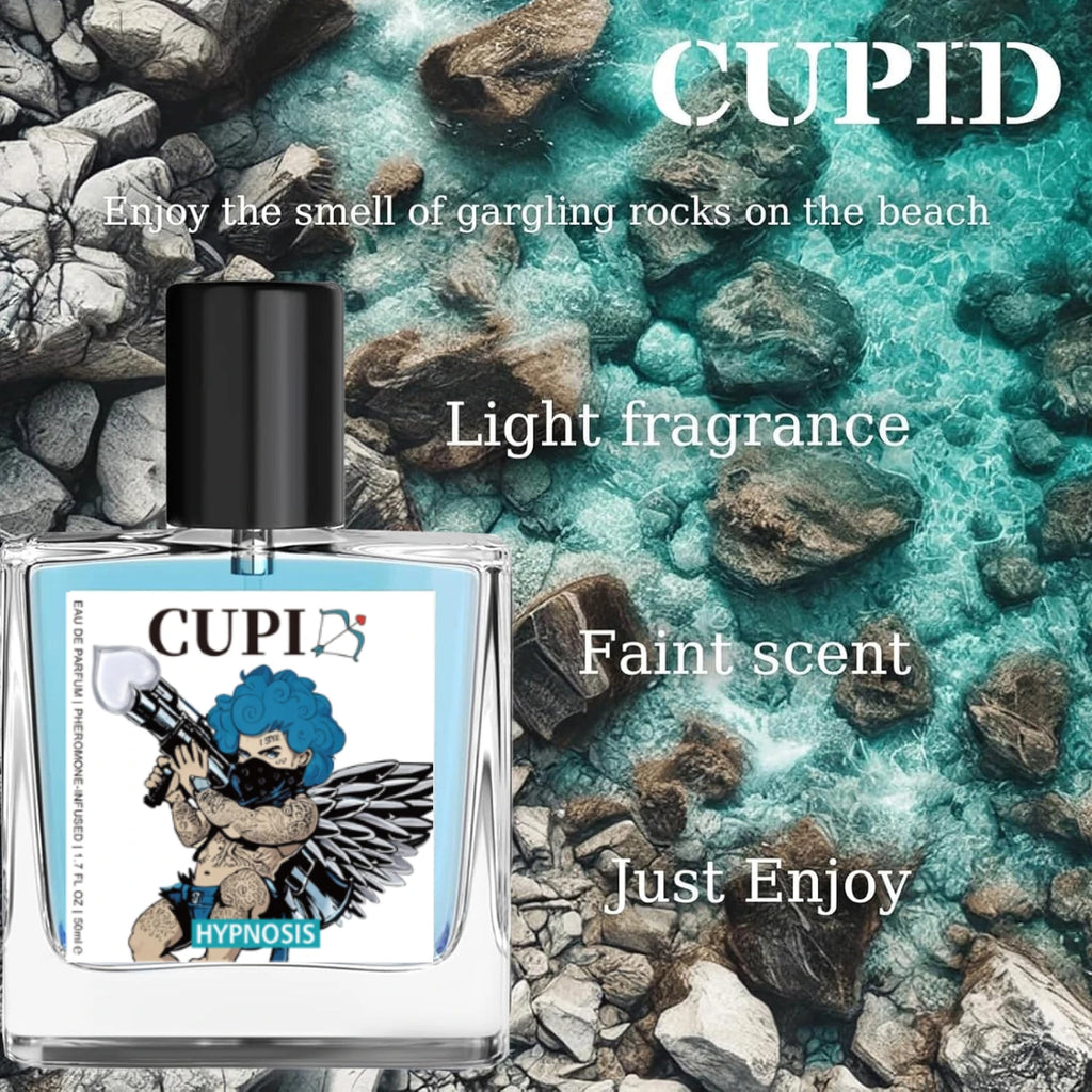 Cupid Hypnosis 2.0 Pheromone Cologne for Men: 50ml EDP in a clear square glass bottle with a black cap. Beach aesthetic.