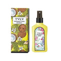 Coconut fragrance spray in a yellow plastic bottle with a black pump nozzle, alongside its coconut-patterned box.