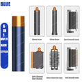 Blue 6-in-1 auto hair styler set with curling barrels, smoothing brushes, and dryer attachment for salon styling.
