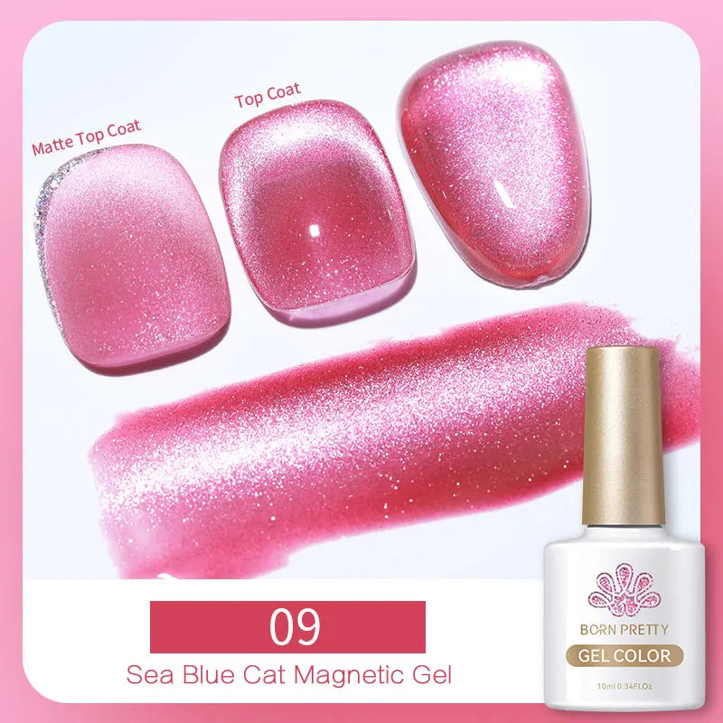 Pink magnetic cat eye gel nail polish in a 10ml bottle, shown with matte and glossy top coat swatches.