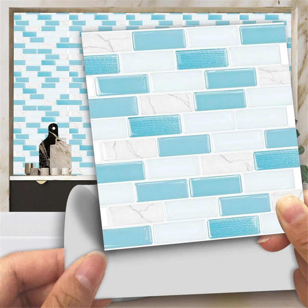 Self-adhesive 3D brick tile sticker panel with white tiles and light blue grout lines.