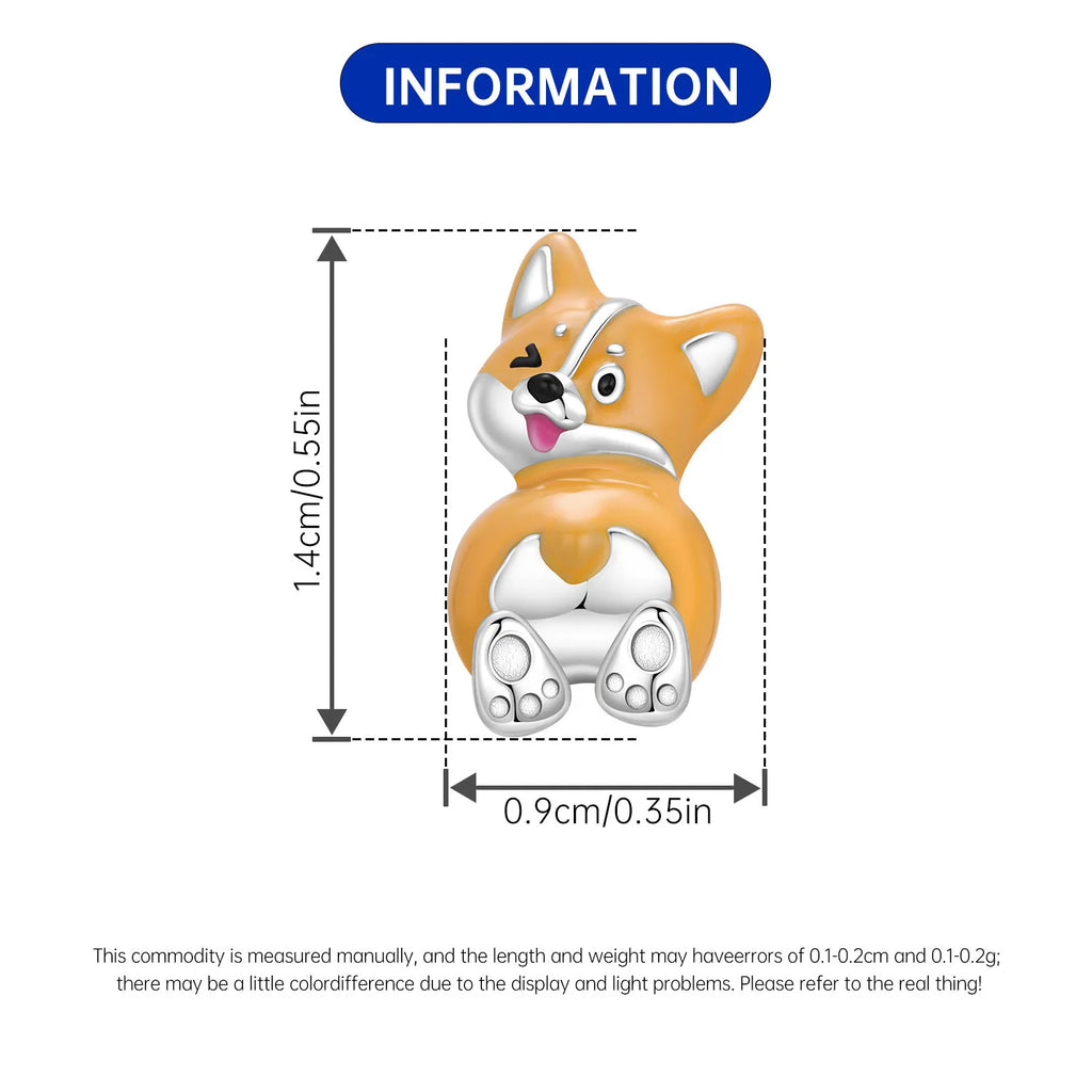 925 sterling silver Corgi dog charm bead for bracelets. Cute enameled orange pet pendant for DIY jewelry gifts.