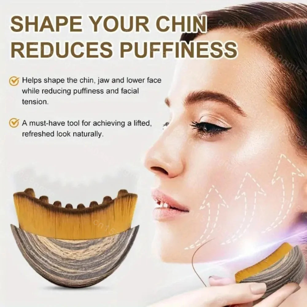 A curved, wood-patterned lymphatic contour brush with brown bristles, used for jawline sculpting and facial massage.