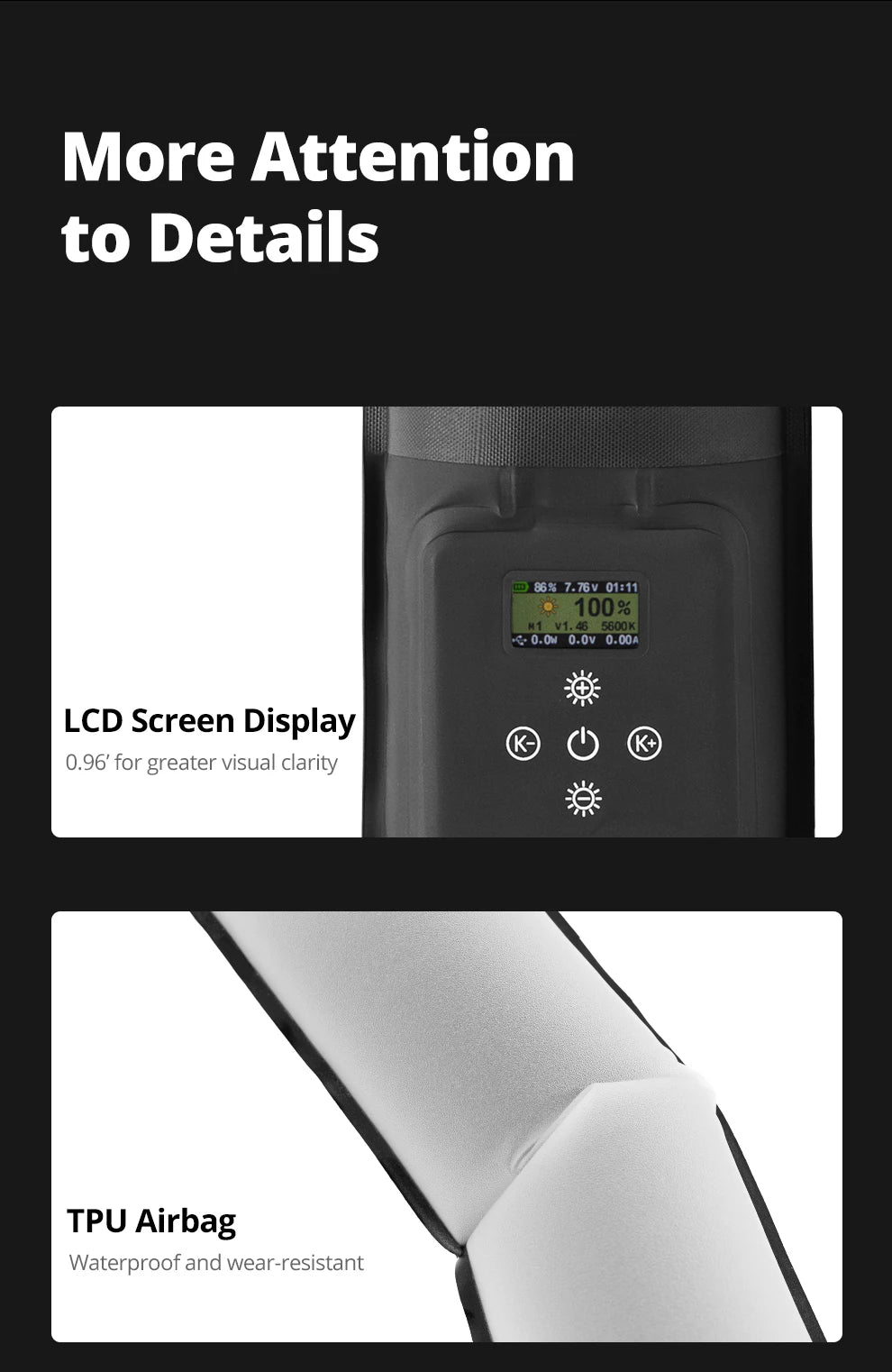 Black control module with a 0.96-inch LCD screen and tactile buttons, paired with a white, waterproof TPU airbag.