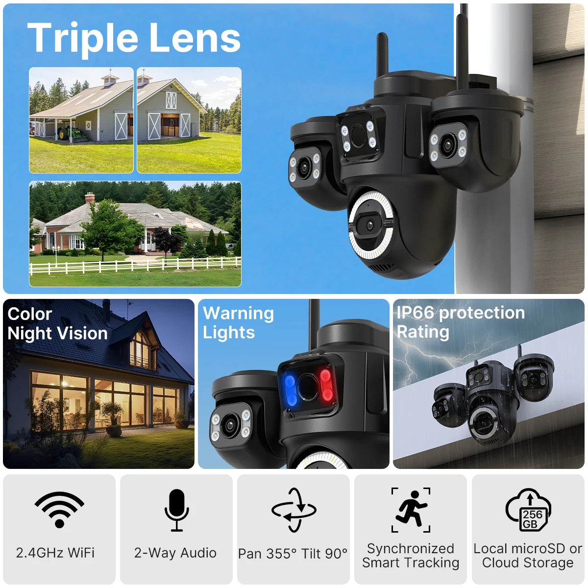 WONSDAR ICSEE WiFi IP Camera Outdoor Three Screen Home Security PTZ Camera CCTV Surveillance AI Human Detection Monitor