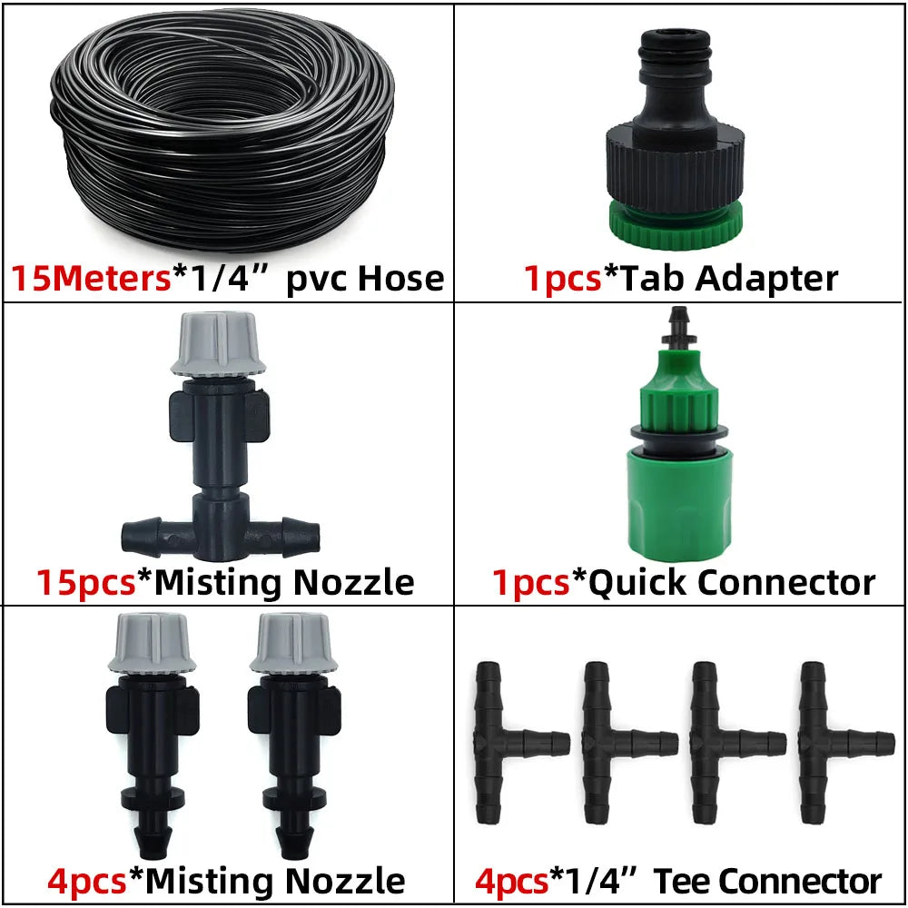 Misting hose kit with black misting nozzles, quick connector, tab adapter, and tee fittings