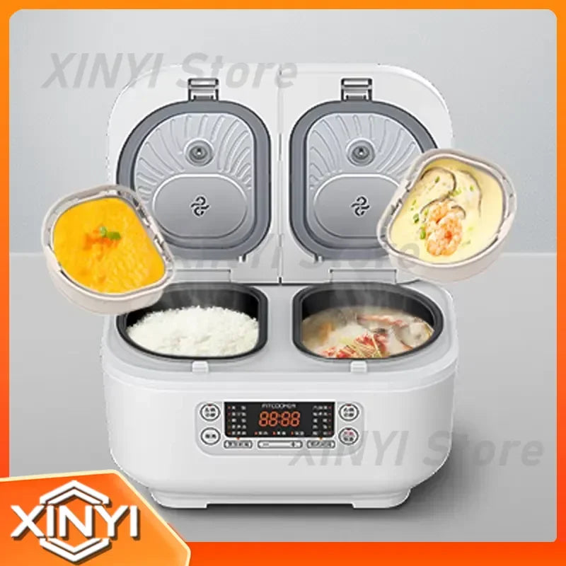 White mini smart rice cooker with two inner pots containing food and open lid