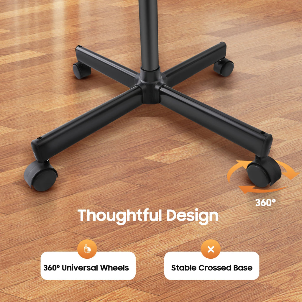 Black stable crossed base of facial steamer with 360-degree rotating universal wheels for mobile salon spa care.