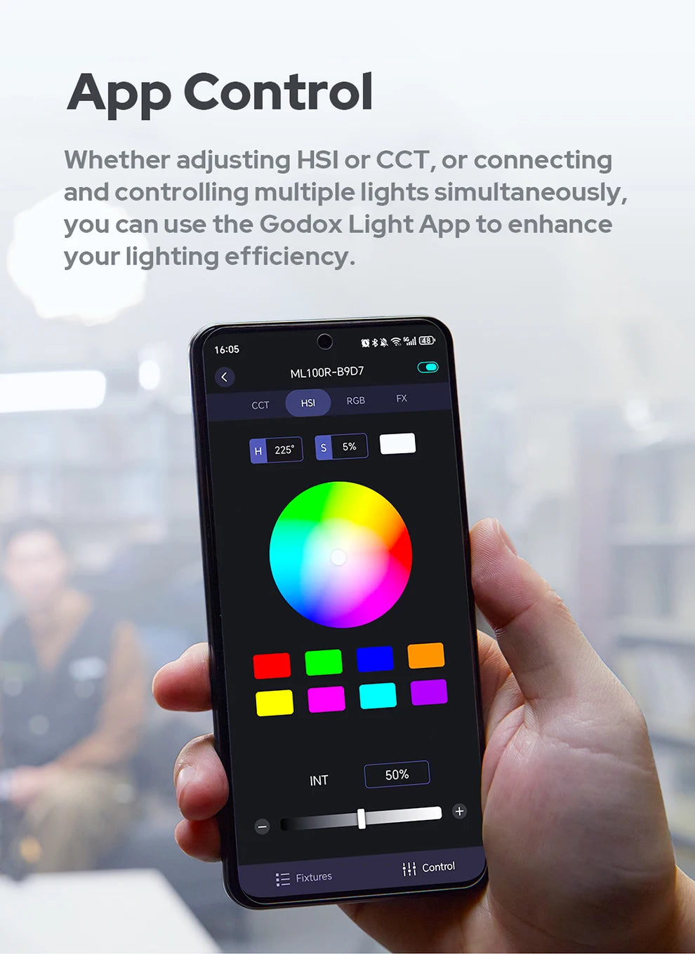 A smartphone screen showing an HSI color wheel and controls for wireless adjustment of LED lighting settings.