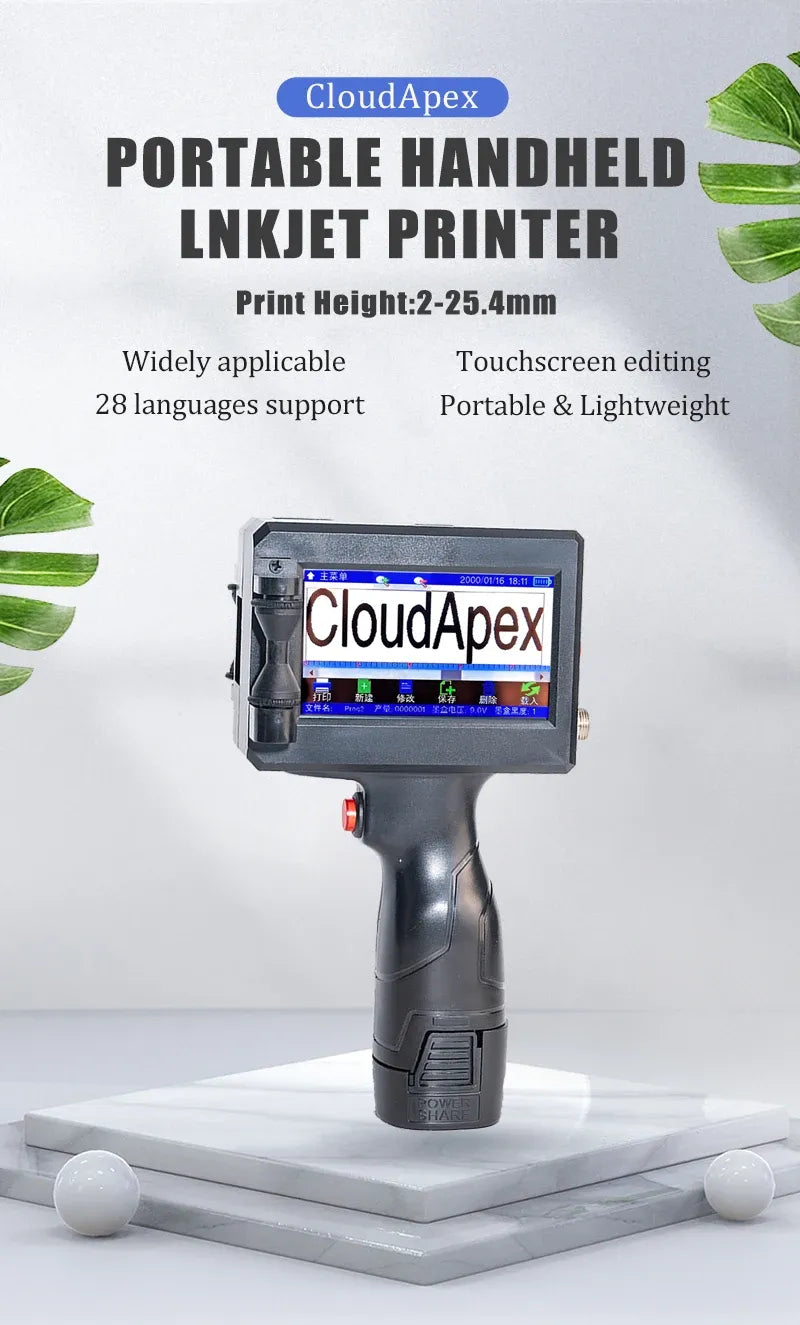 Portable handheld inkjet printer with touchscreen and print height 2 to 25.4mm