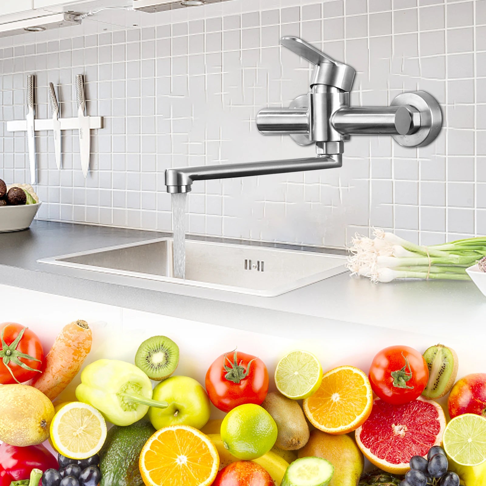 Silver Wall-Mounted Stainless Steel Rotatable Kitchen Faucet 360° Single Handle Hot and Cold Water Faucet For Both Homes Etc