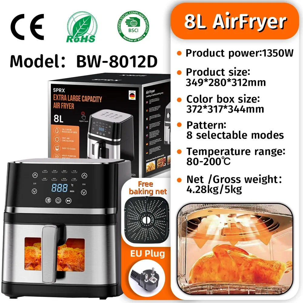 8L stainless and black countertop air fryer with basket window and control screen