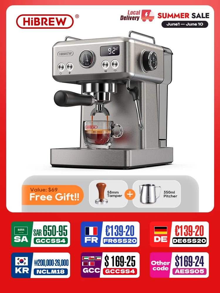 HiBREW stainless steel espresso machine with digital display, portafilter, and bundled tamper and milk pitcher.