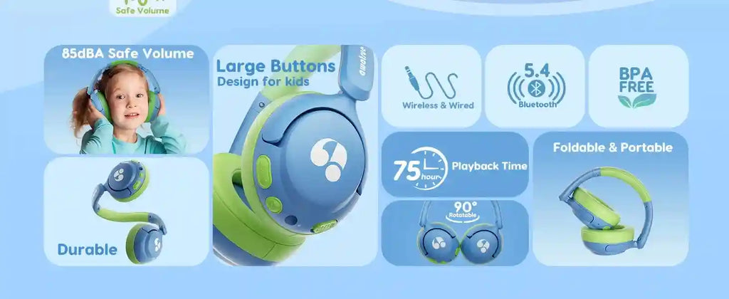 Kids Wireless Headphones - Safe 85dB Audio Over-Ear Design Tidesmit