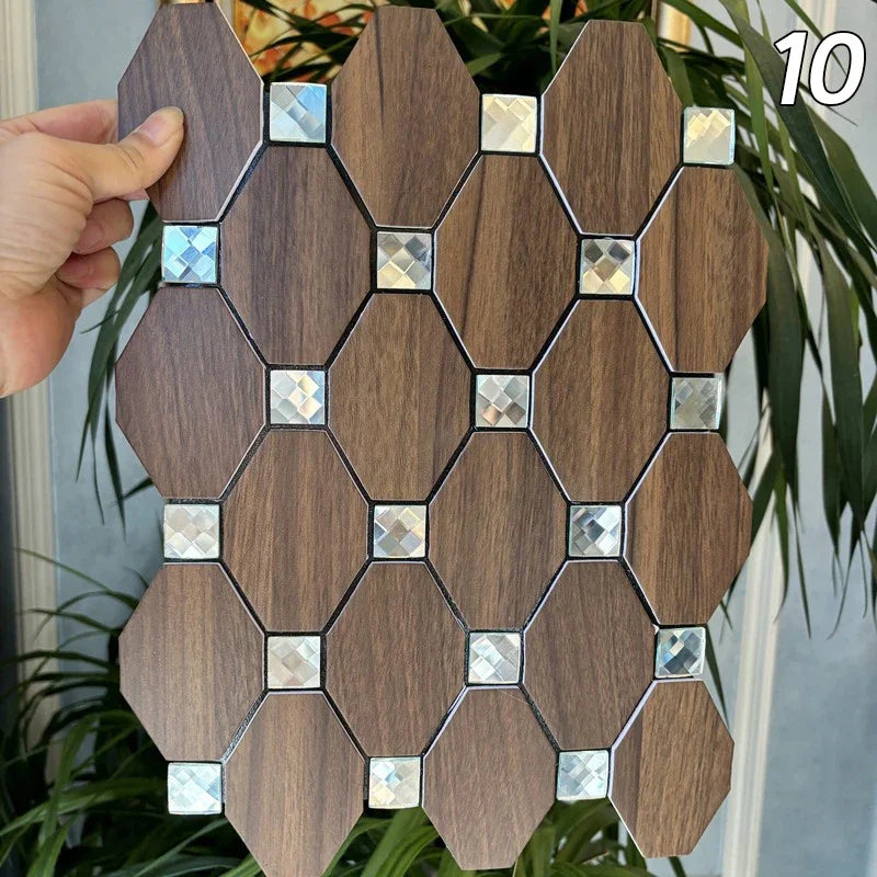 Hexagon peel-and-stick wall tile mosaic, dark wood tiles with silver mirrored insets