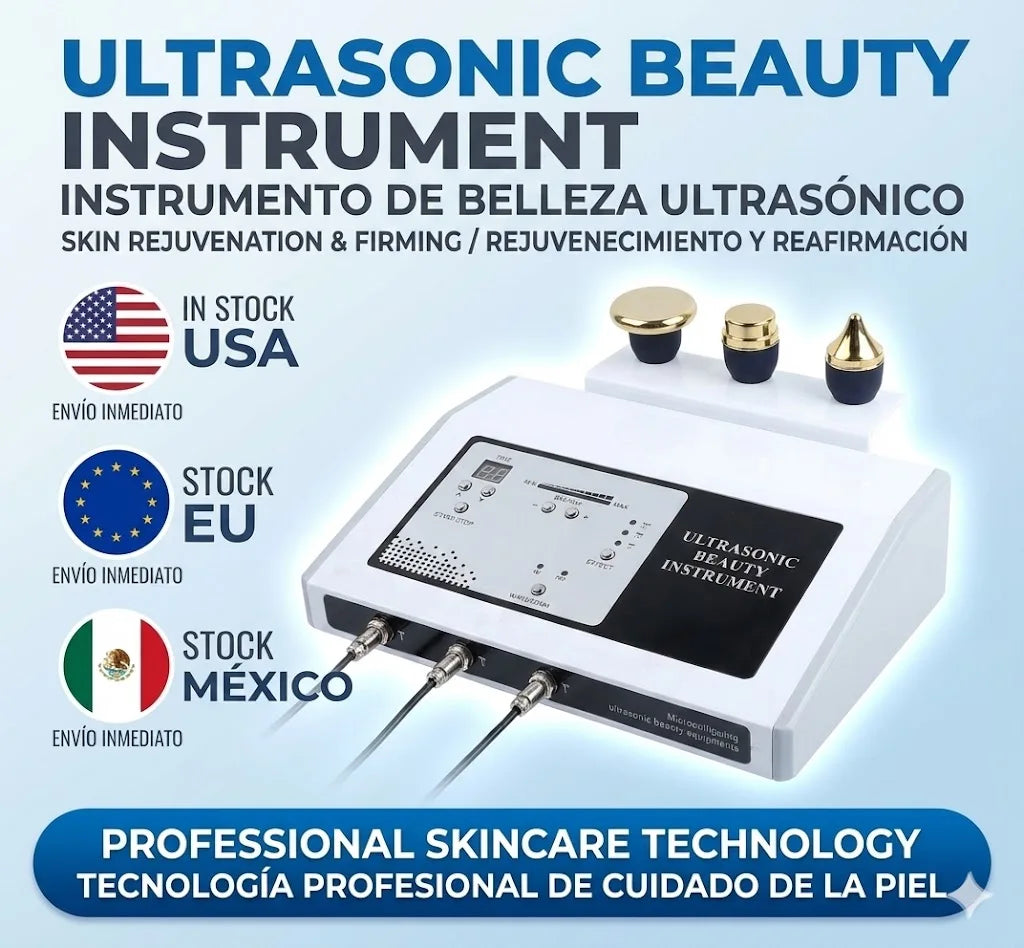 3-in-1 ultrasonic facial device for skin rejuvenation, freckle removal, and anti-aging with three interchangeable heads.