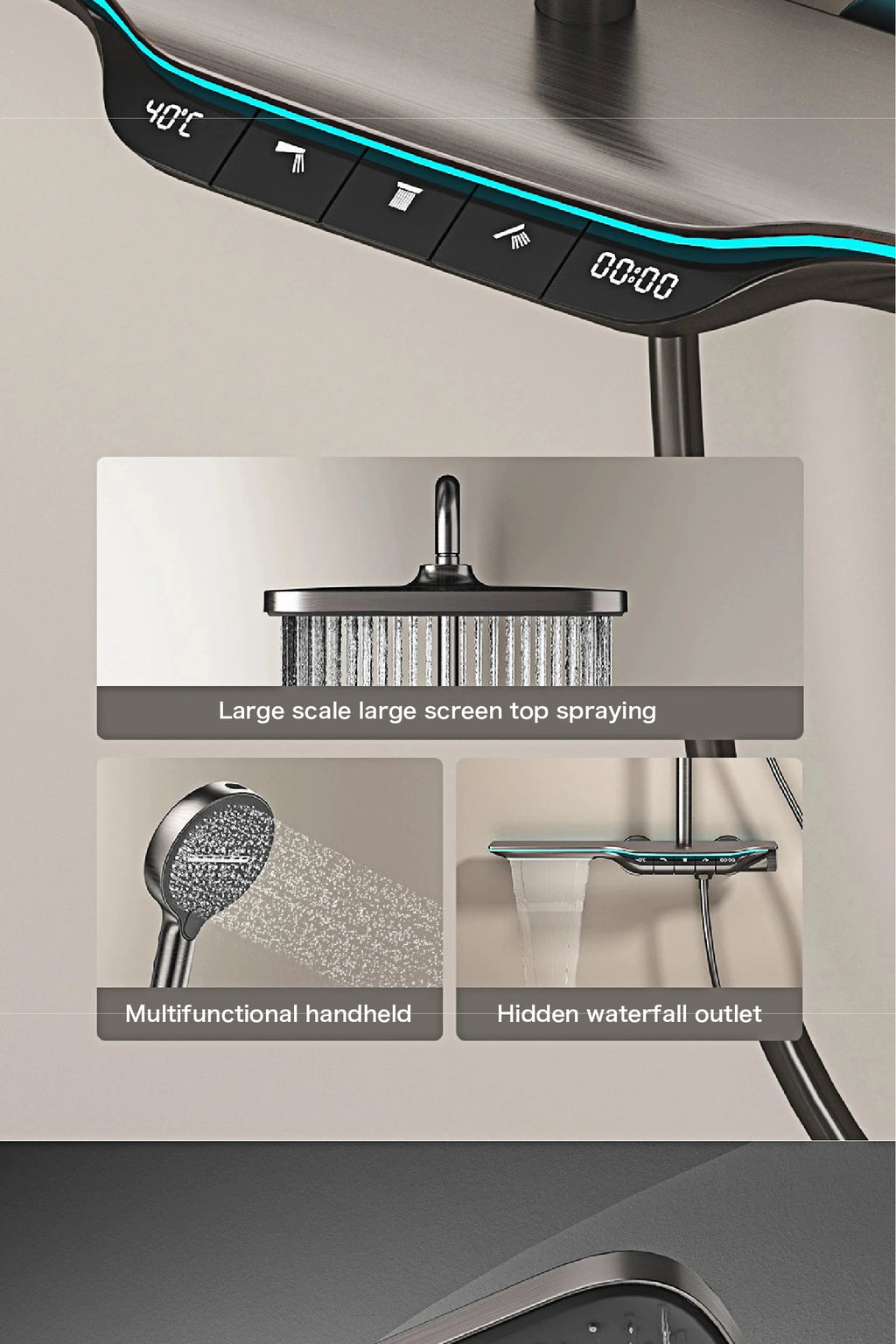 Luxury Brass Gun Gray Shower System Intelligent LED Digital Display Constant Temperature Design, Dual Control Bathroom Faucet