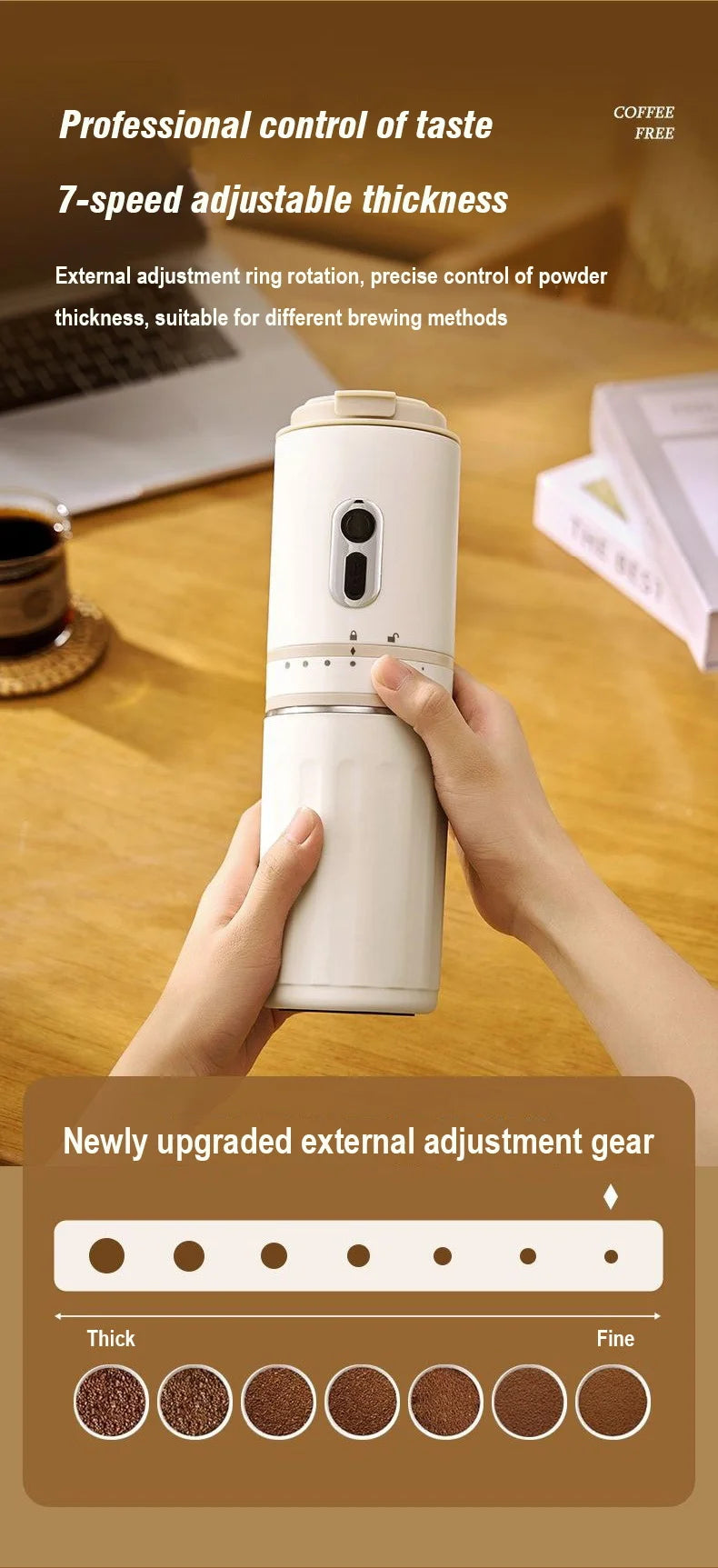 Handheld cream white portable coffee grinder with 7-speed external thickness adjustment dial for precise grinding.