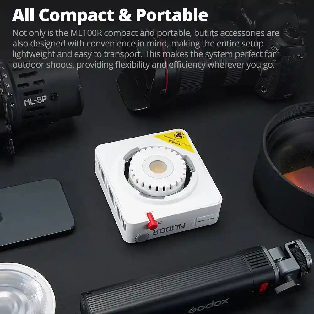 White square ML100R LED light with a center circular mount, positioned on a surface with camera gear for photography.