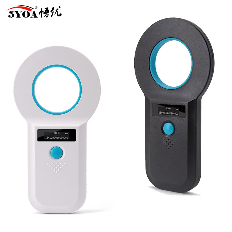 5YOA handheld pet microchip scanner with OLED display for dogs and cats, rechargeable RFID reader, black and white.
