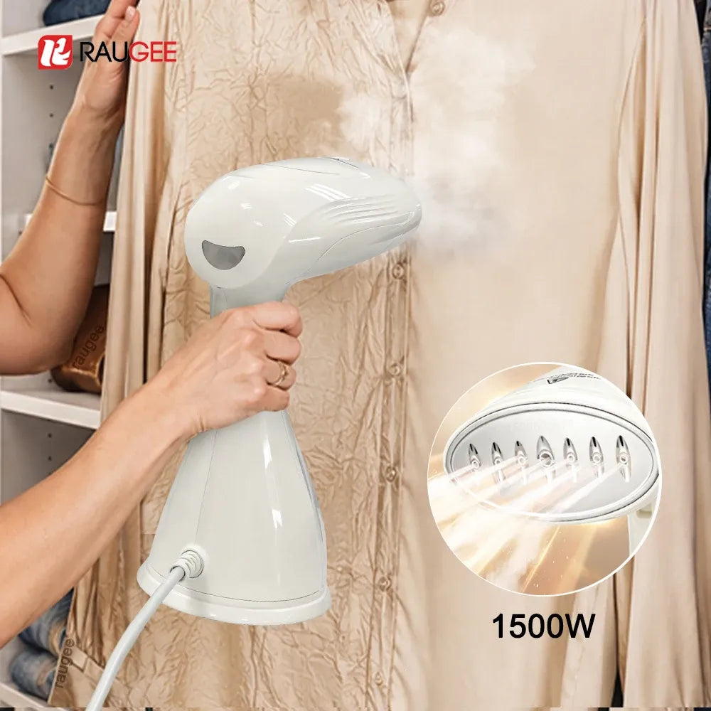Handheld clothes steamer smoothing wrinkles on a silk shirt, with inset of 1500W nozzle.
