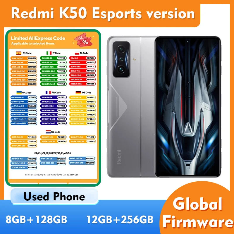 Redmi K50 Esports Version 5G ROM 128GB/256GB SmartPhone Android 6.67inch 2400x1080 Screen 64MP Rear Camera Used Phone