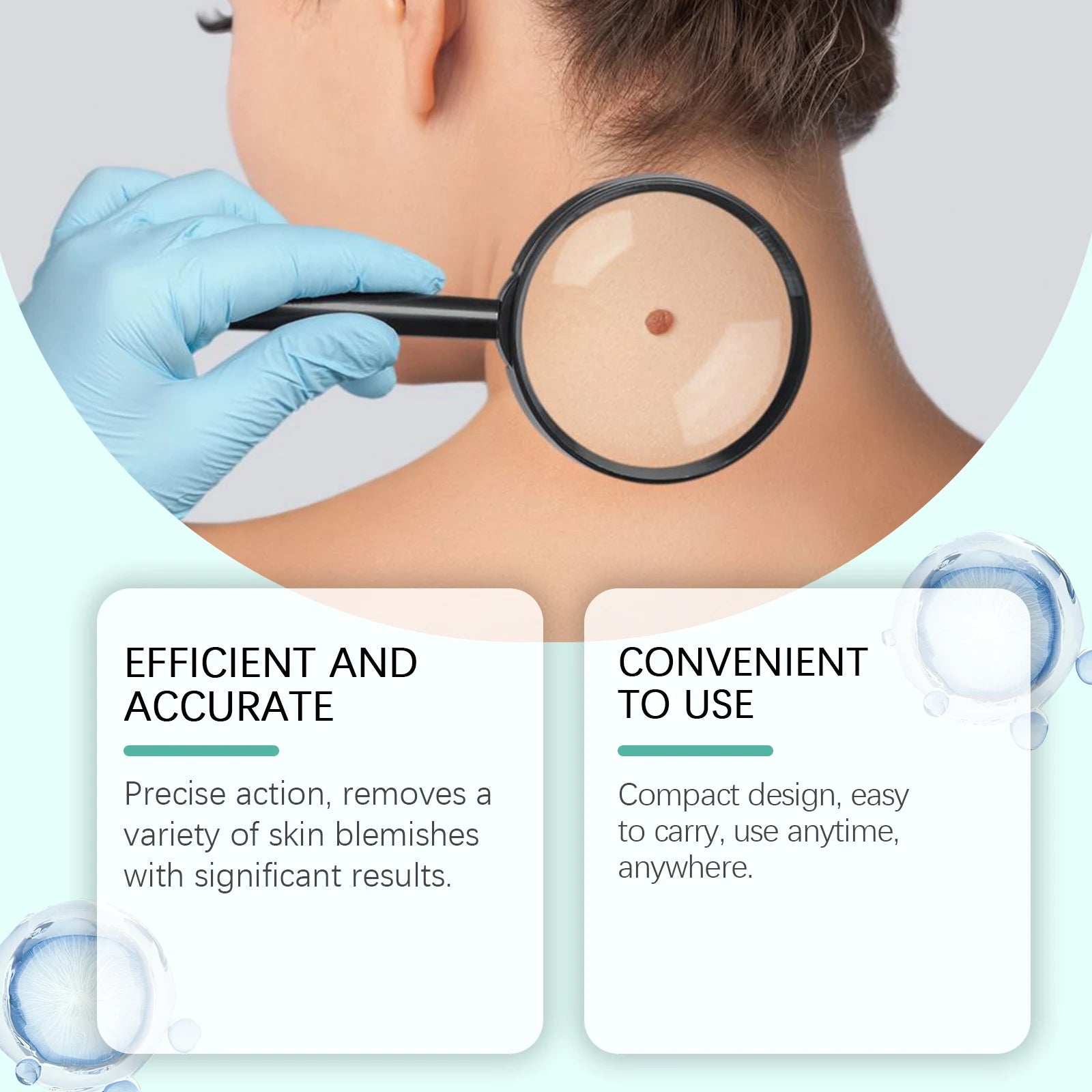 A hand in a blue glove holds a magnifying glass over a skin blemish on the back of a neck, with text overlays below.