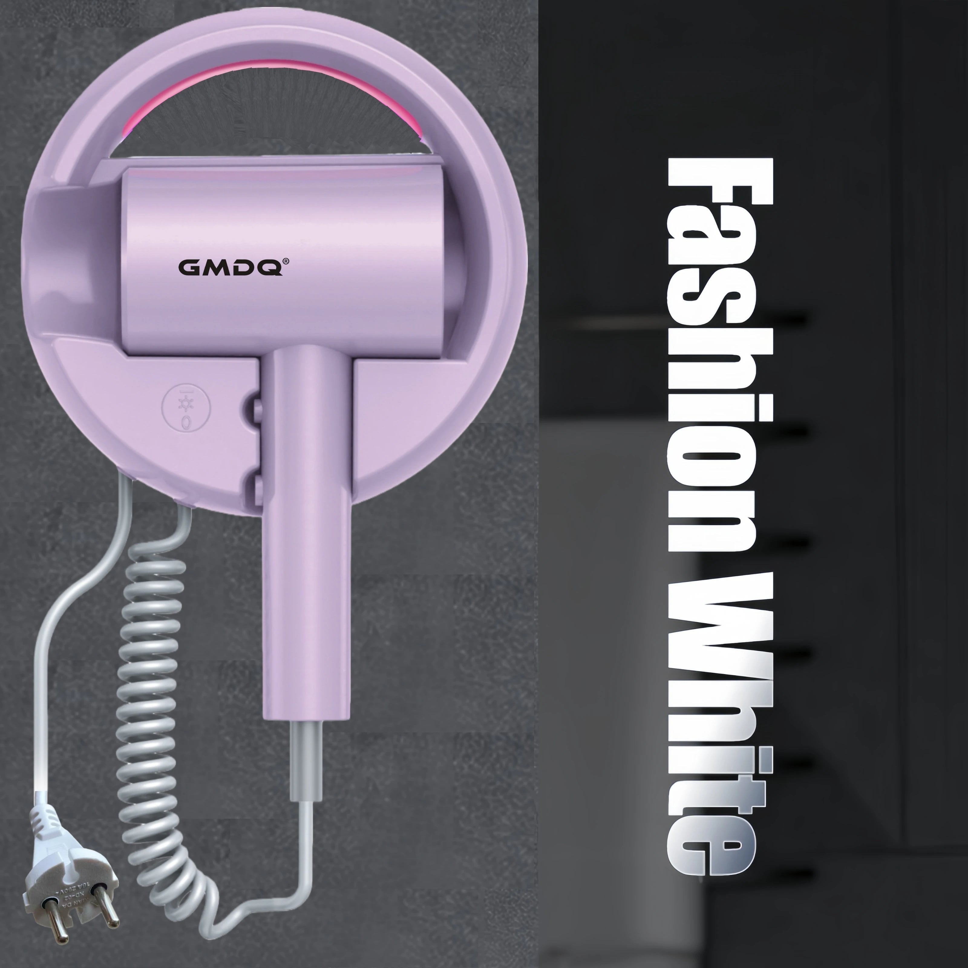 Purple GMDQ 1800W wall-mounted hair dryer with coiled cord, constant temperature, and blue light for home or hotel.