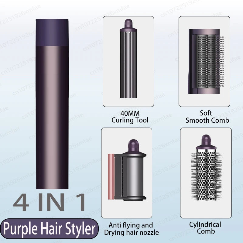Purple 4-in-1 high-speed hair styler set with curling wand, smoothing brush, dryer nozzle, and volumizing comb.