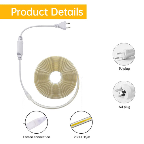 COB LED strip light with white power cable and EU/AU plug connectors