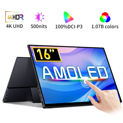 16-inch 4K AMOLED portable touchscreen monitor with a slim black metal frame, integrated kickstand, and side ports.