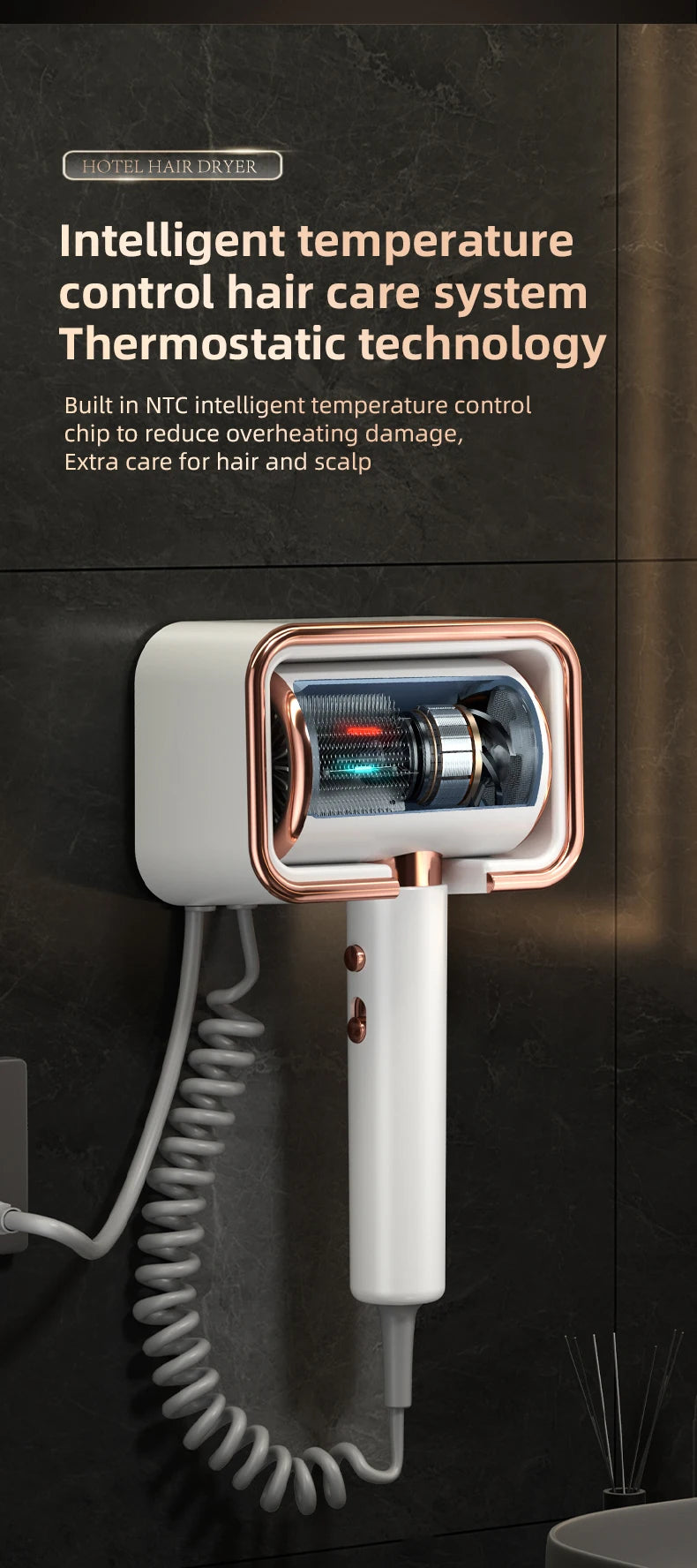 White and rose gold wall-mounted hair dryer with blue light technology and NTC temperature control for home bathrooms.