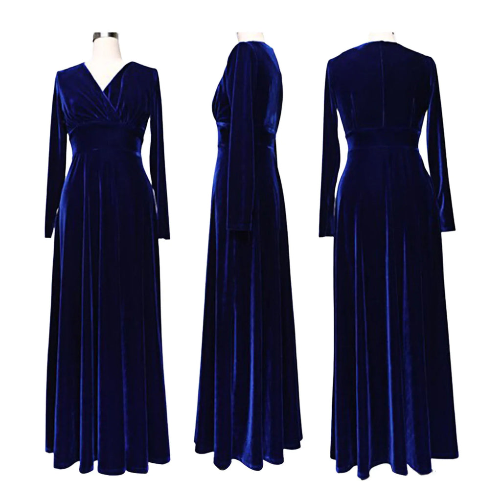 Vintage Women Autumn Long Sleeve V Neck Pleated Velvet Banquet Party Maxi Dress Party Wedding Elegant Evening dress 
