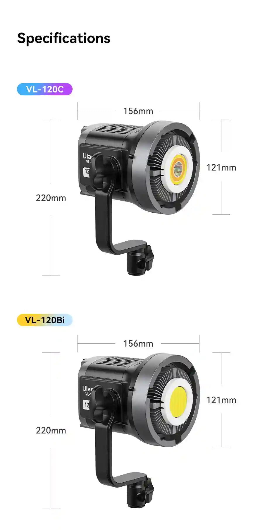 VL-120C and VL-120Bi LED studio lights with mounting brackets, measuring 156mm x 121mm x 220mm.