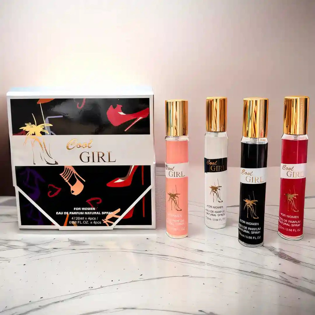 Cool Girl EDP women's perfume gift set, four slim travel spray bottles in a fashion-themed box, ideal luxury gift.