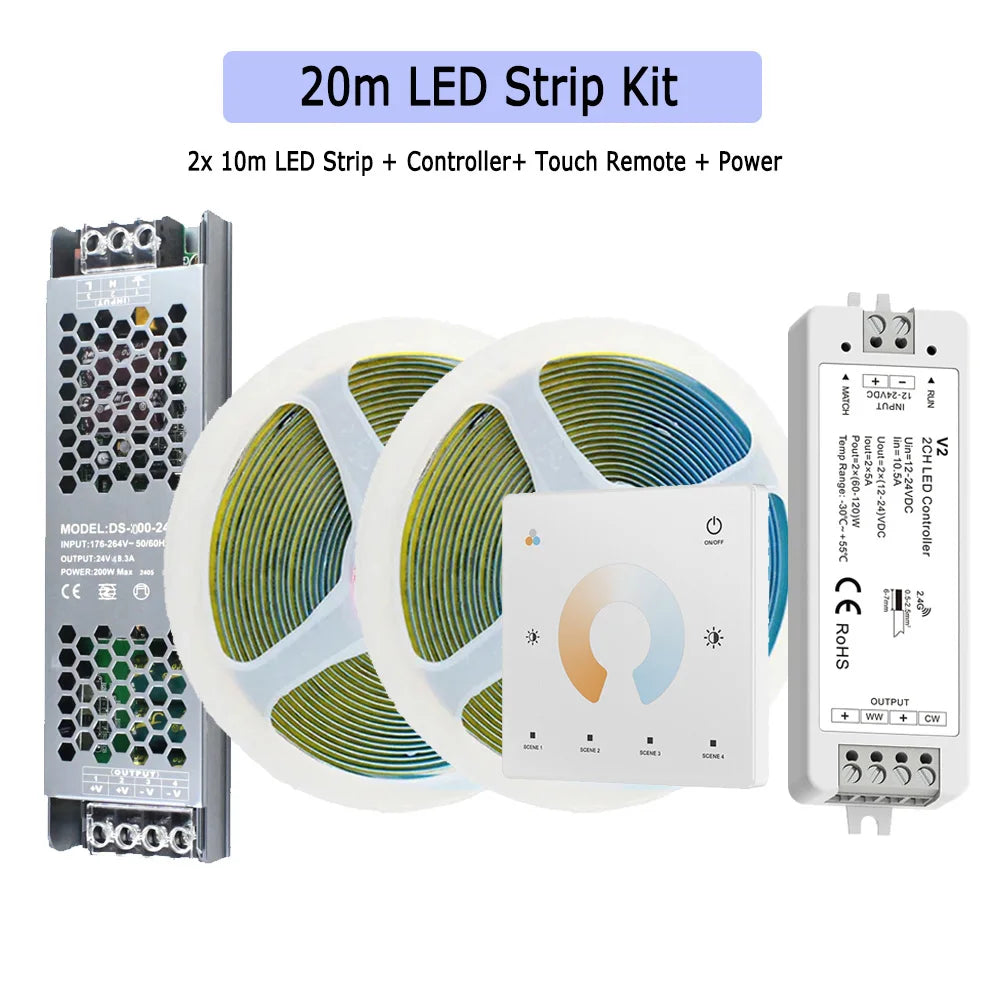 20m LED strip light kit with dual-color strip, white touch controller, and power supply