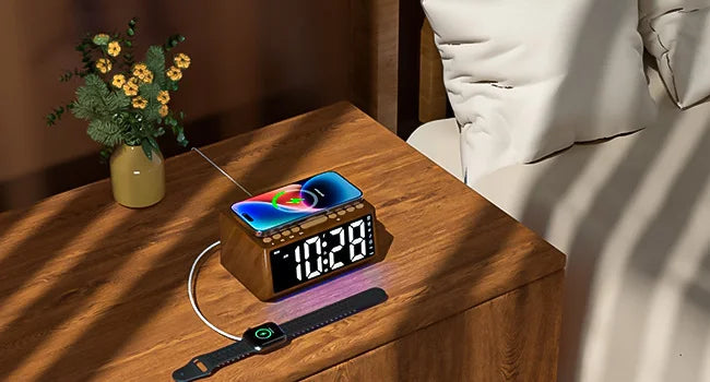 Wooden Digital Alarm Clock with Wireless Charger & Bluetooth Speaker Tidesmit