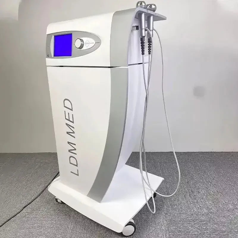 White LDM MED anti-aging beauty machine with digital display, two probes, and rolling base for face lifting therapy.