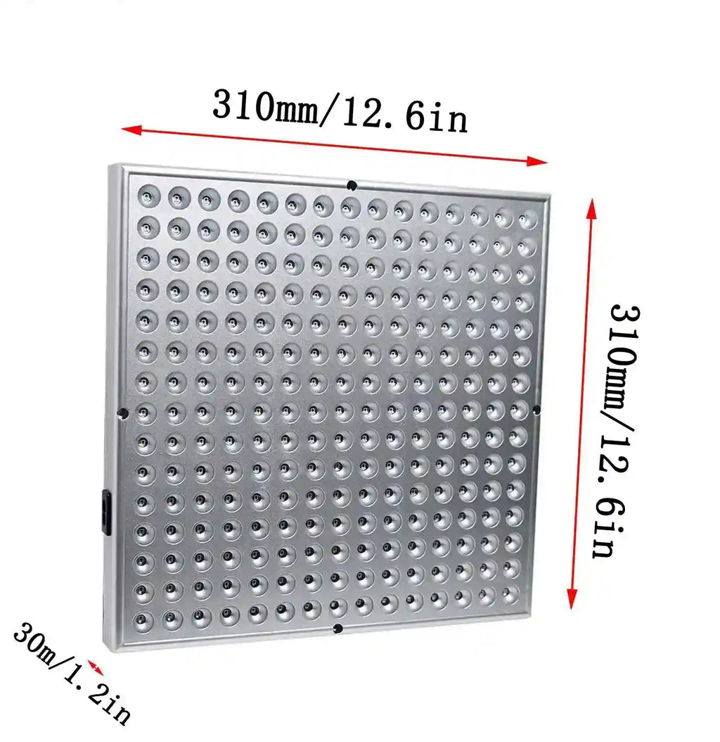 Square LED red light therapy panel, 12.6x12.6x1.2 inches, silver finish with uniform grid of bulb lenses.