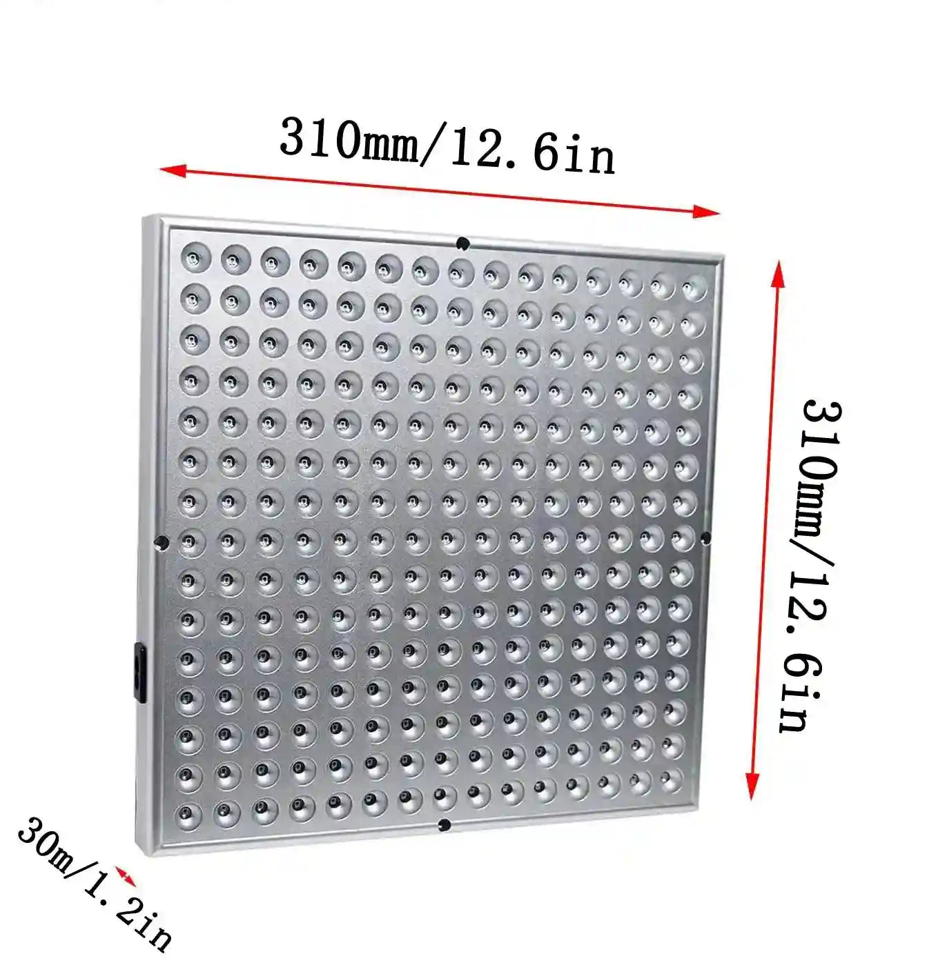 Square LED red light therapy panel, 12.6x12.6x1.2 inches, silver finish with uniform grid of bulb lenses.