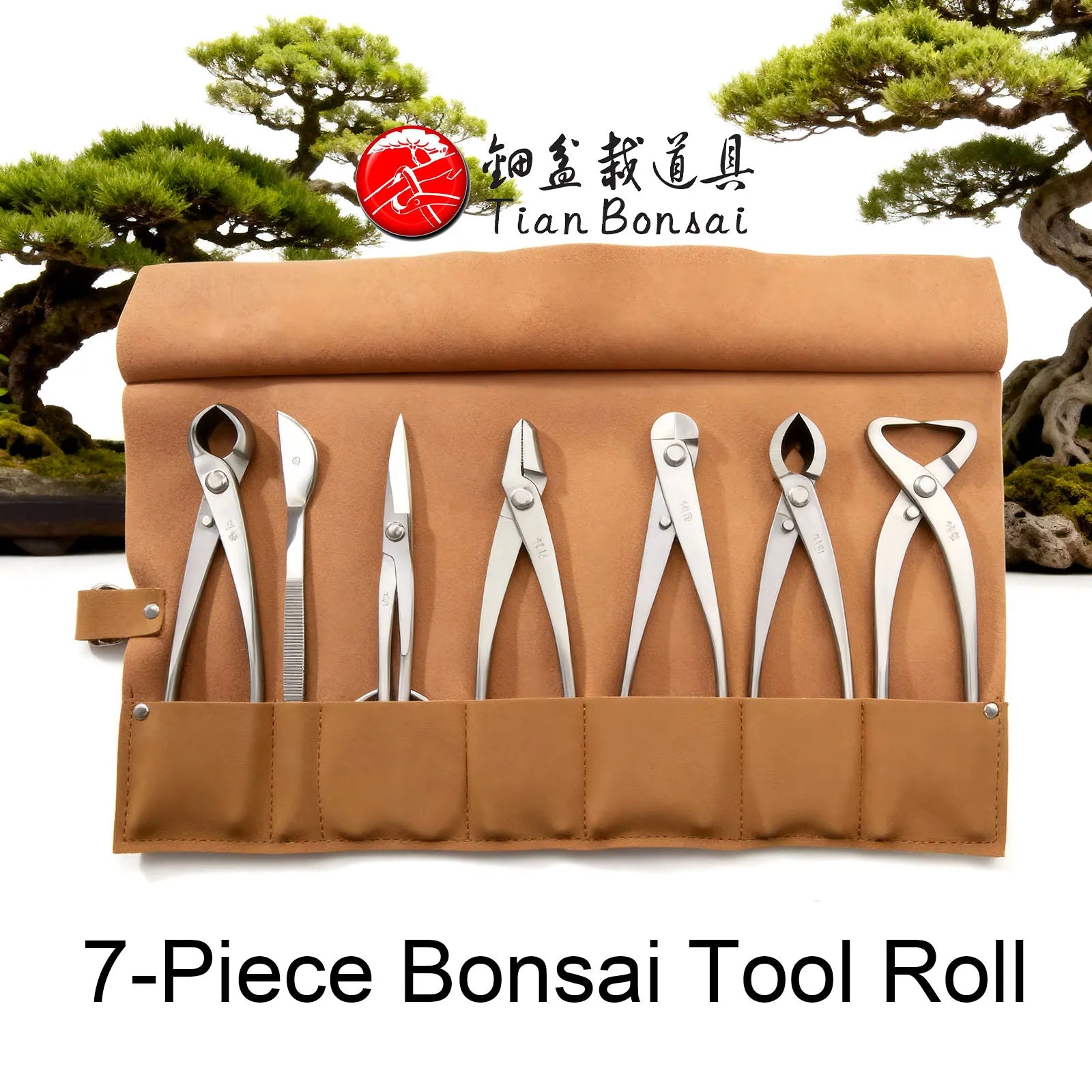 Tan leather bonsai tool roll bag with 7 stainless steel tools in stitched slots