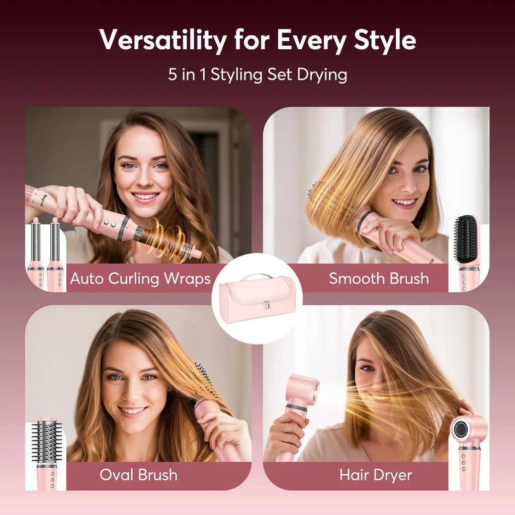 Pink 5-in-1 hot air styler set with auto-wrap curlers, dryer, and brushes in a travel bag for professional hair care.