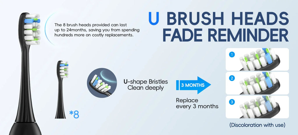 Mornwell T38 Electric Sonic Toothbrush USB Charge Rechargeable Waterproof Electronic Tooth Brushes 8 Replacement Heads Adult
