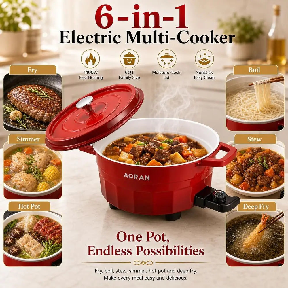 Red electric multi-cooker pot with lid and power base, filled with stew